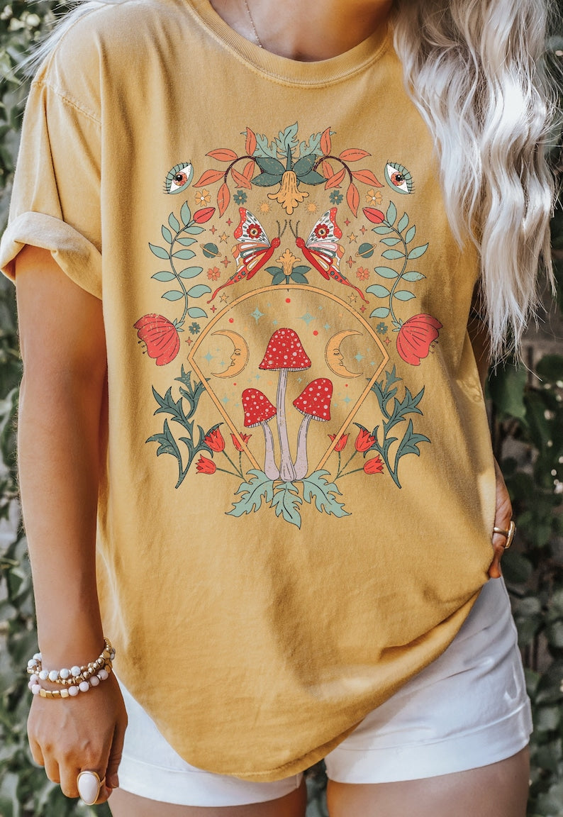 Celestial Shirt Moon Moth Mushrooms Shirt-carlalin