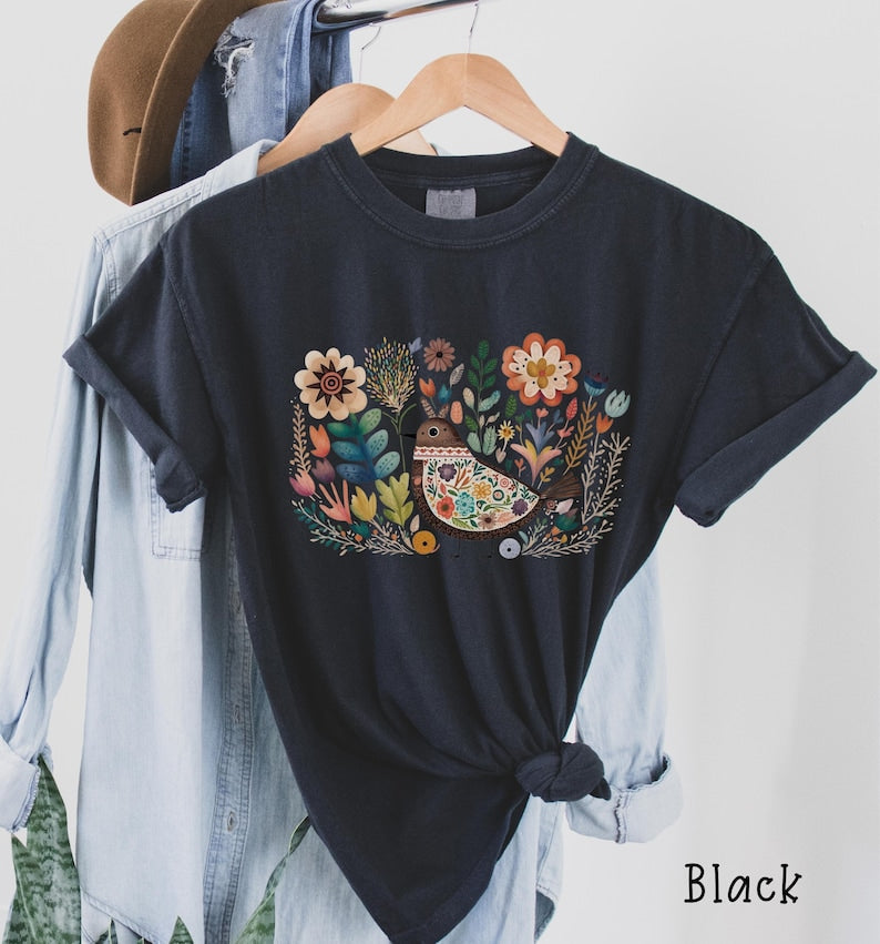 Boho Folk Art Bird Shirt Bird and Flowers Shirt-carlalin