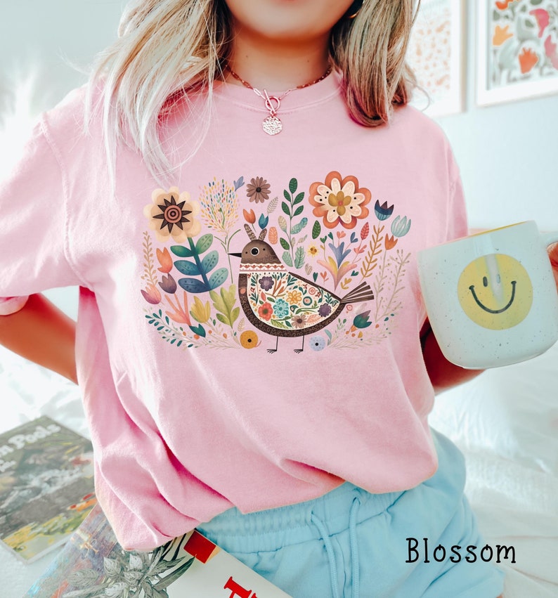 Boho Folk Art Bird Shirt Bird and Flowers Shirt-carlalin