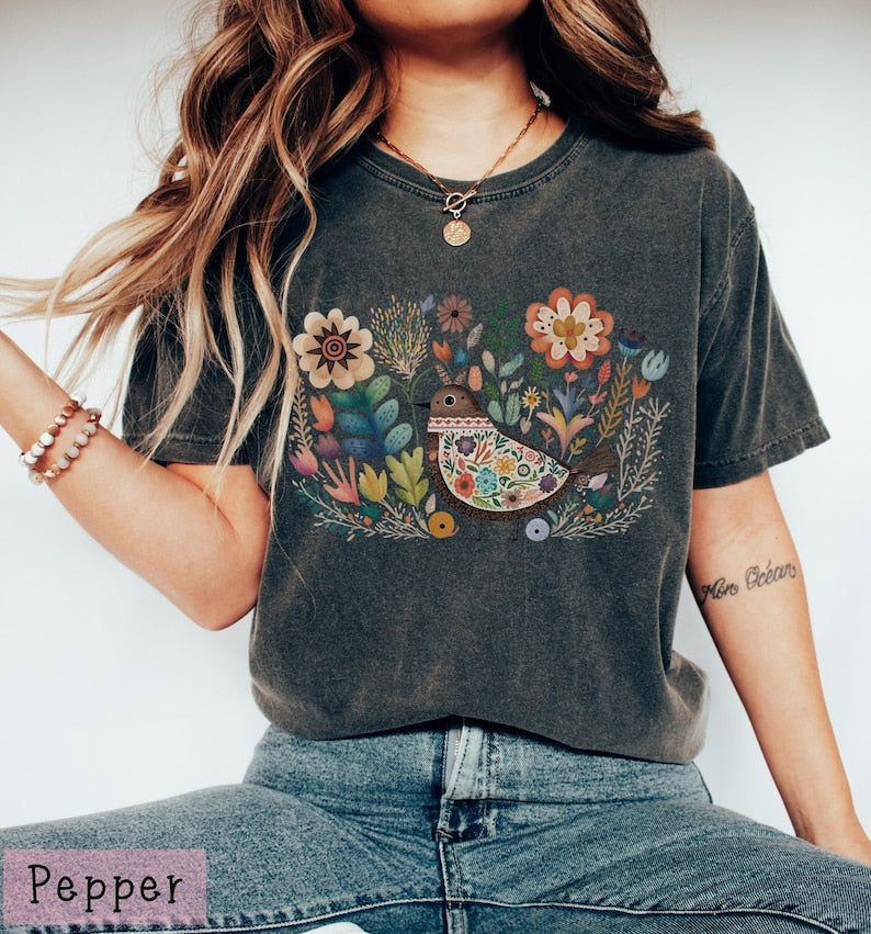 Boho Folk Art Bird Shirt Bird and Flowers Shirt-carlalin