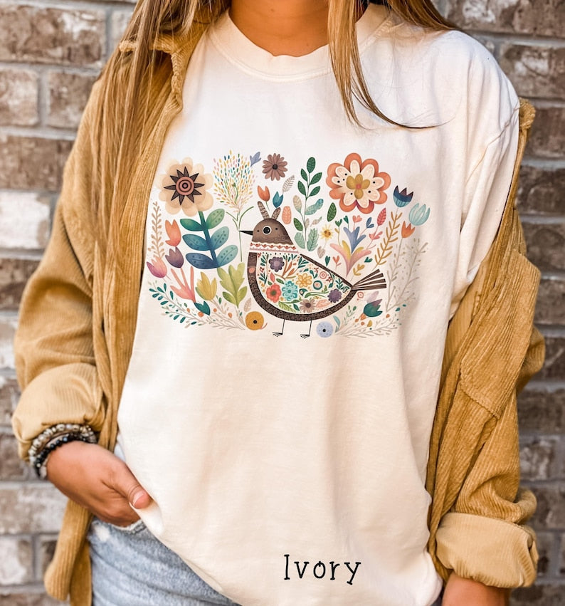Boho Folk Art Bird Shirt Bird and Flowers Shirt-carlalin