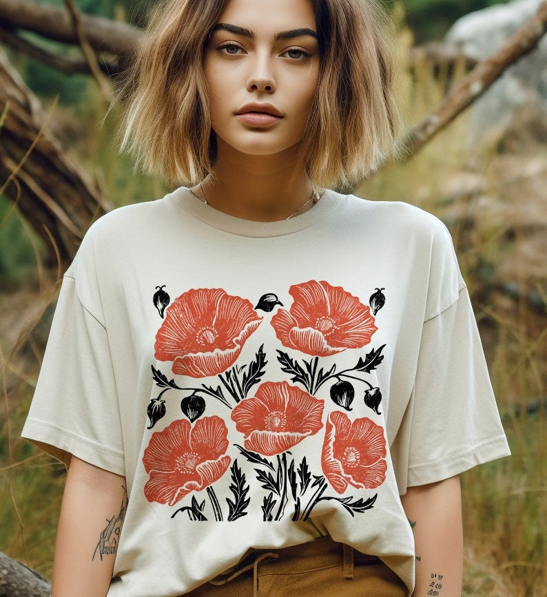 Vintage Poppy Botanical Shirt Cottage Core Floral Shirt-carlalin