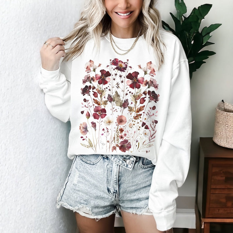 Vintage Wildflower Sweatshirt Boho Floral Sweater-carlalin
