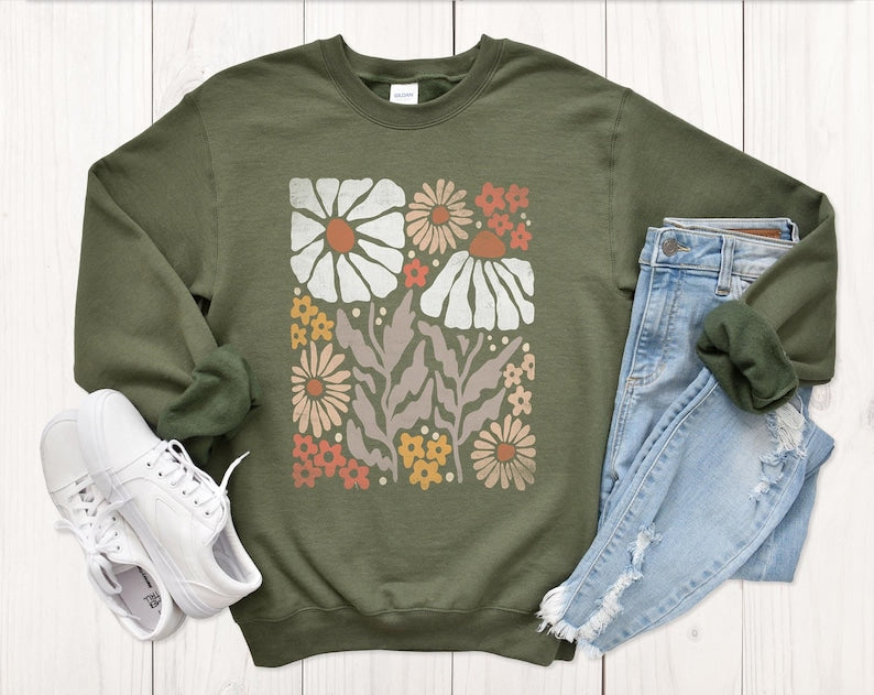 Boho Flower Sweatshirt Unisex Wildflower Sweater-carlalin