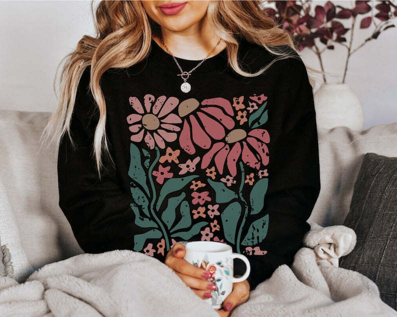 Boho Daisy Flower Sweater Wildflower Sweatshirt-carlalin
