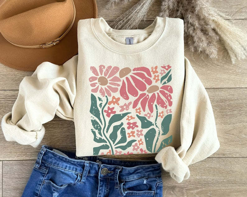 Boho Daisy Flower Sweater Wildflower Sweatshirt-carlalin