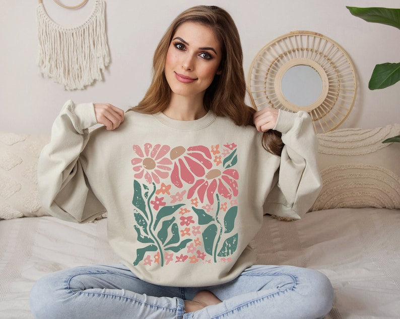 Boho Daisy Flower Sweater Wildflower Sweatshirt-carlalin