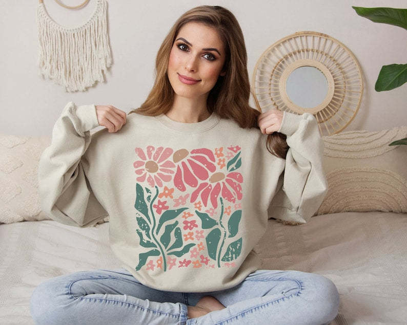 Boho Daisy Flower Sweater Wildflower Sweatshirt-carlalin