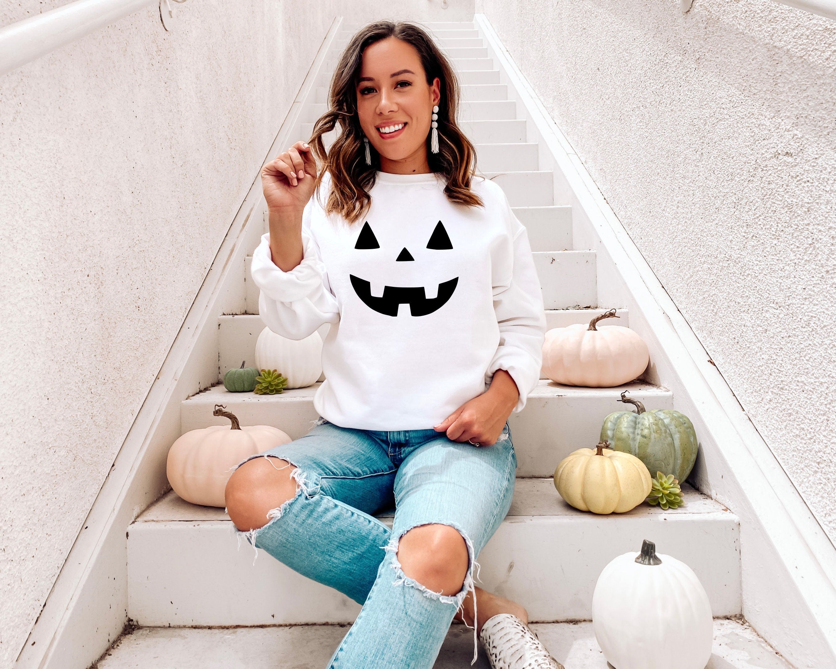 Halloween Pumpkin Face Fall Crew Neck Comfortable Sweatshirt-carlalin