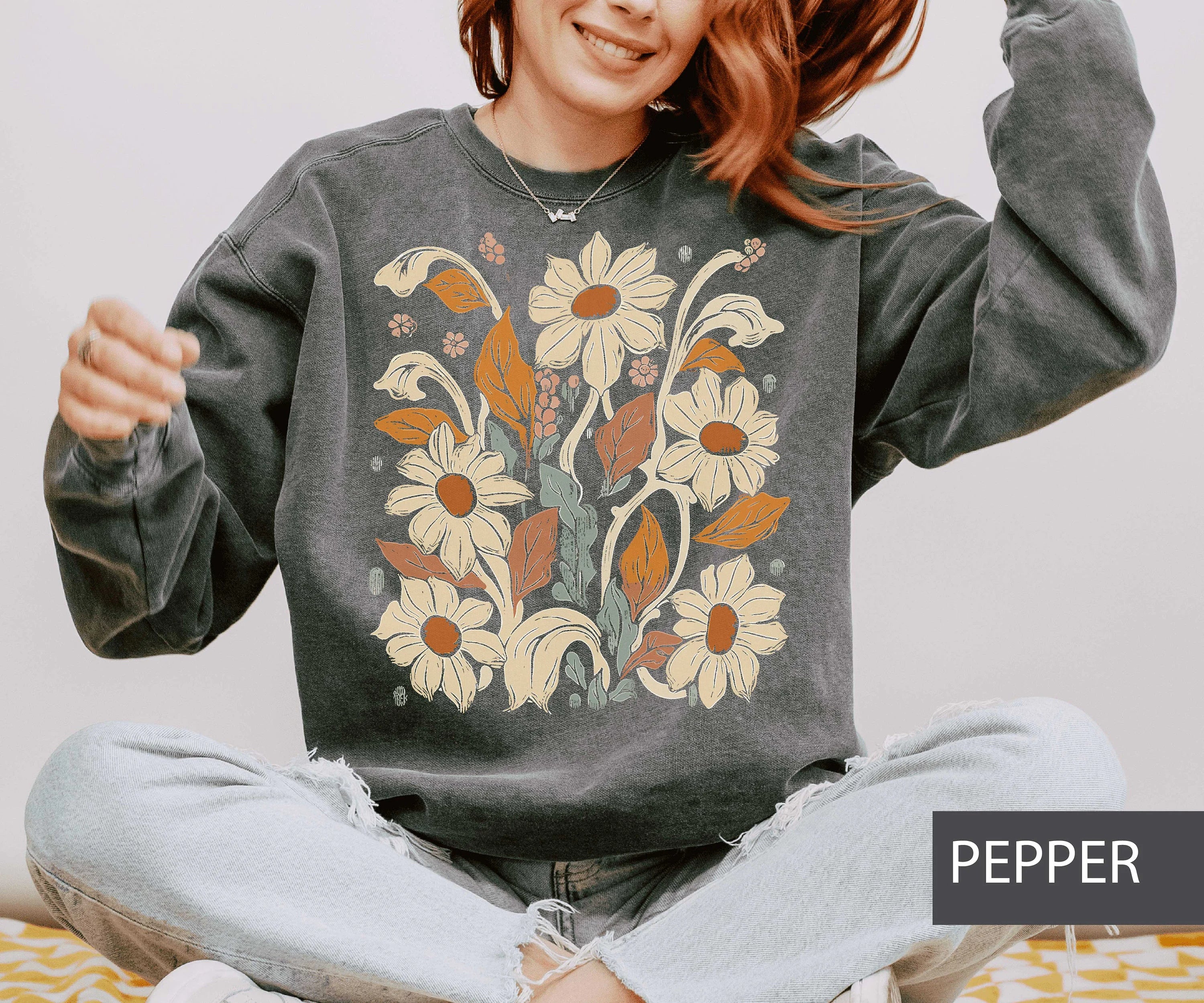 Bohemian Floral Sweatshirt Wildflower Cozy Sweater-carlalin