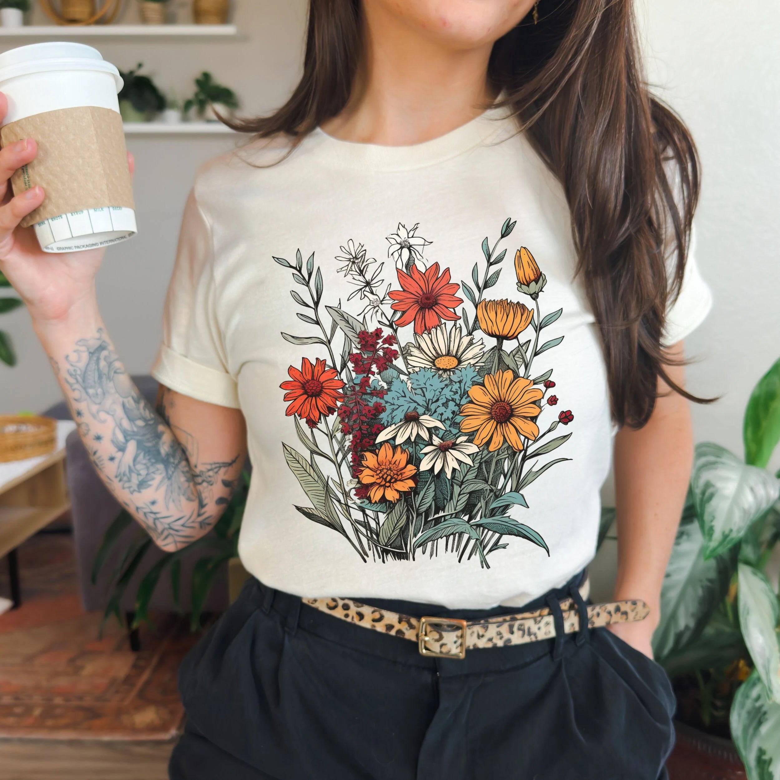Wildflower Minimalist Line Art Floral T-Shirt-carlalin
