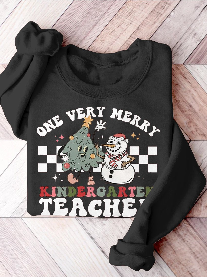 Retro Christmas Kindergarten Teacher Very Merry Teacher Christmas Kindergarten Teaching Print Casual Sweatshirt-carlalin