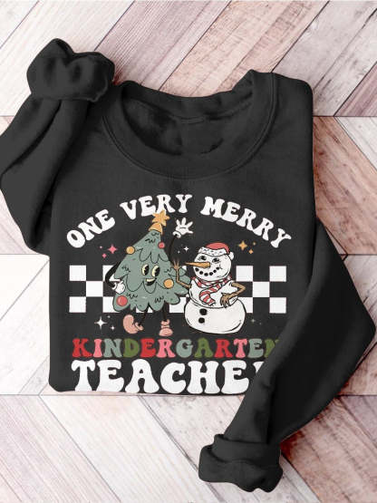 Retro Christmas Kindergarten Teacher Very Merry Teacher Christmas Kindergarten Teaching Print Casual Sweatshirt-carlalin