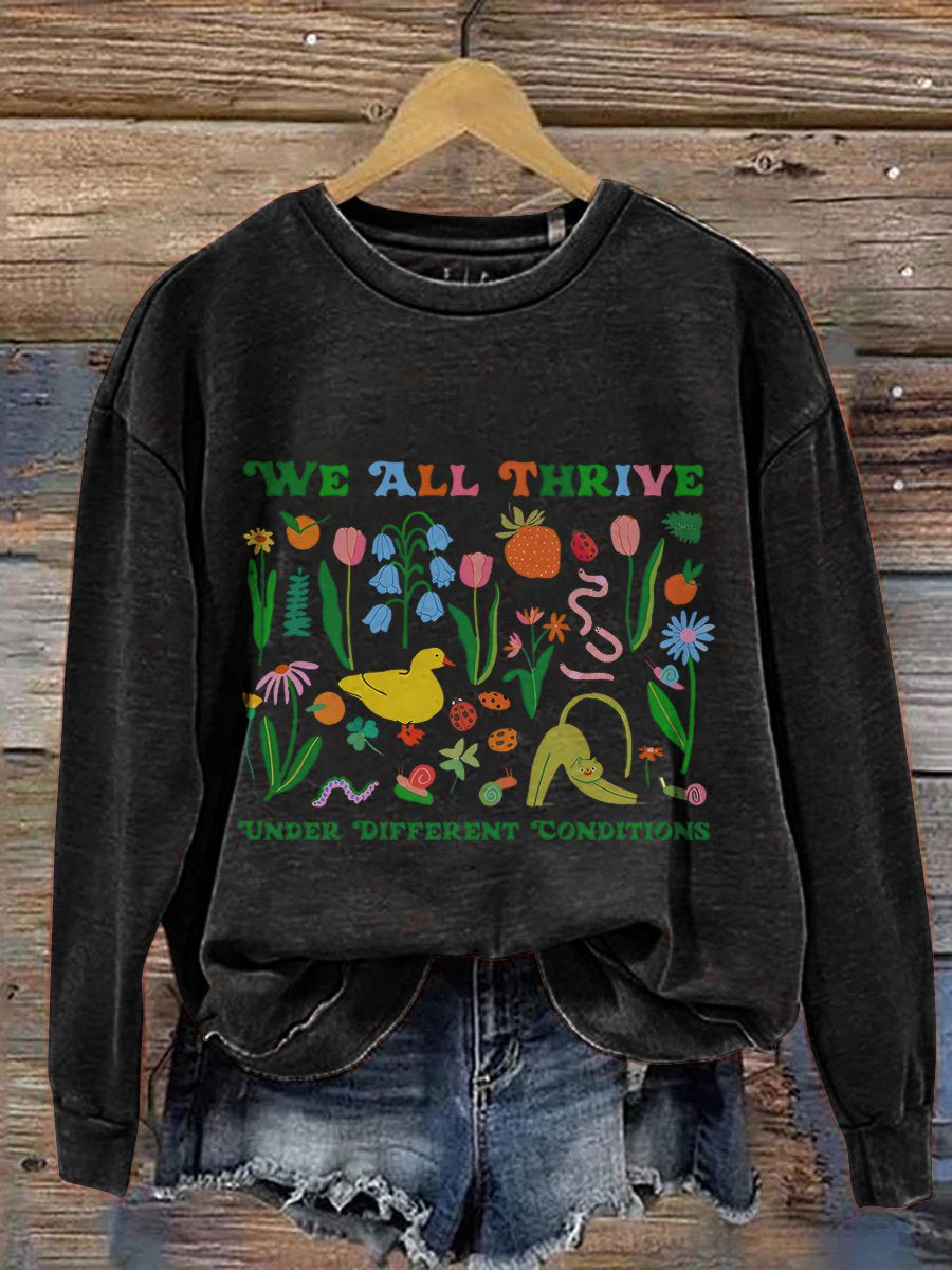 Autism We All Thrive Under Different Conditions Mental Health Teacher Special Education Casual Print Sweatshirt-carlalin