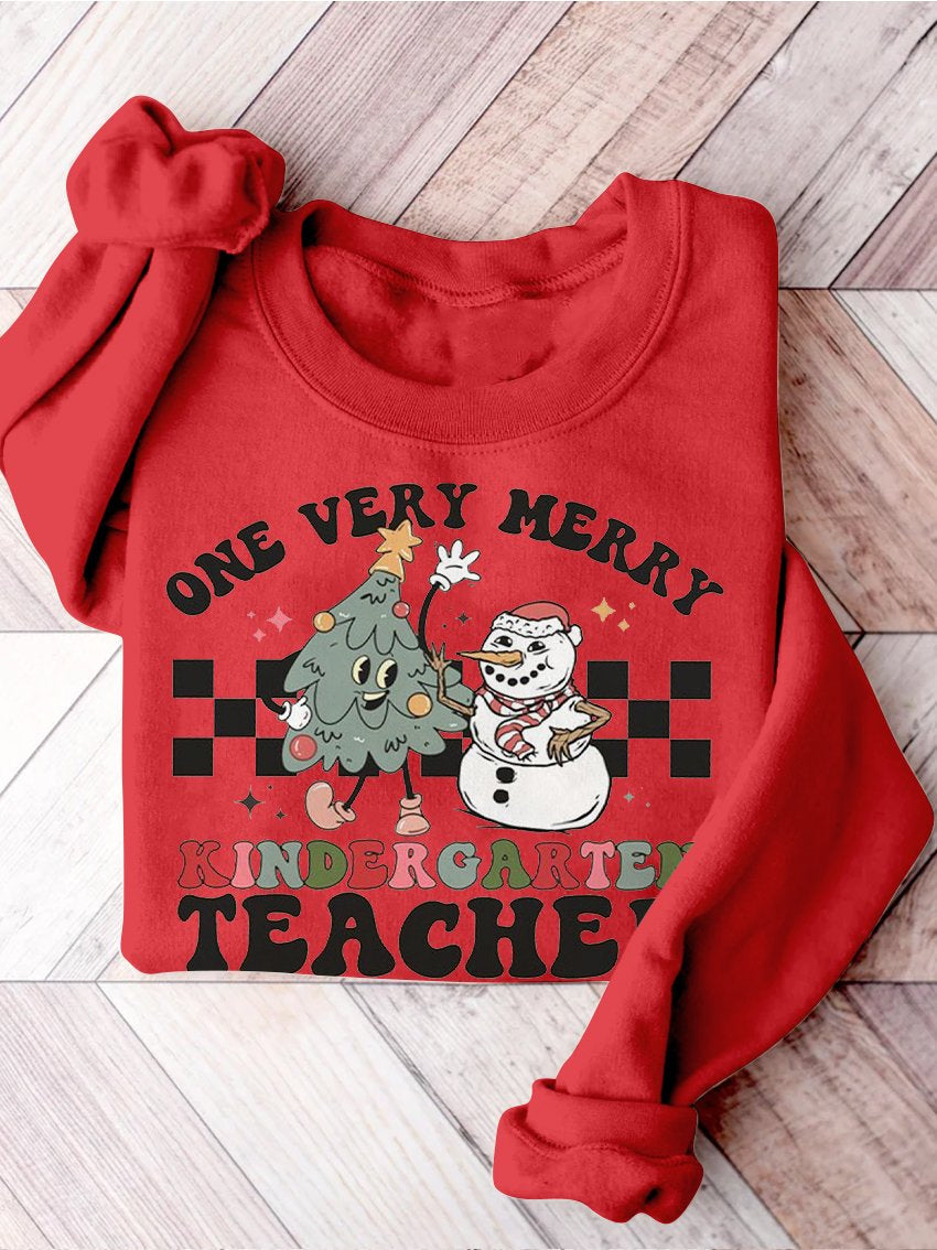 Retro Christmas Kindergarten Teacher Very Merry Teacher Christmas Kindergarten Teaching Print Casual Sweatshirt-carlalin
