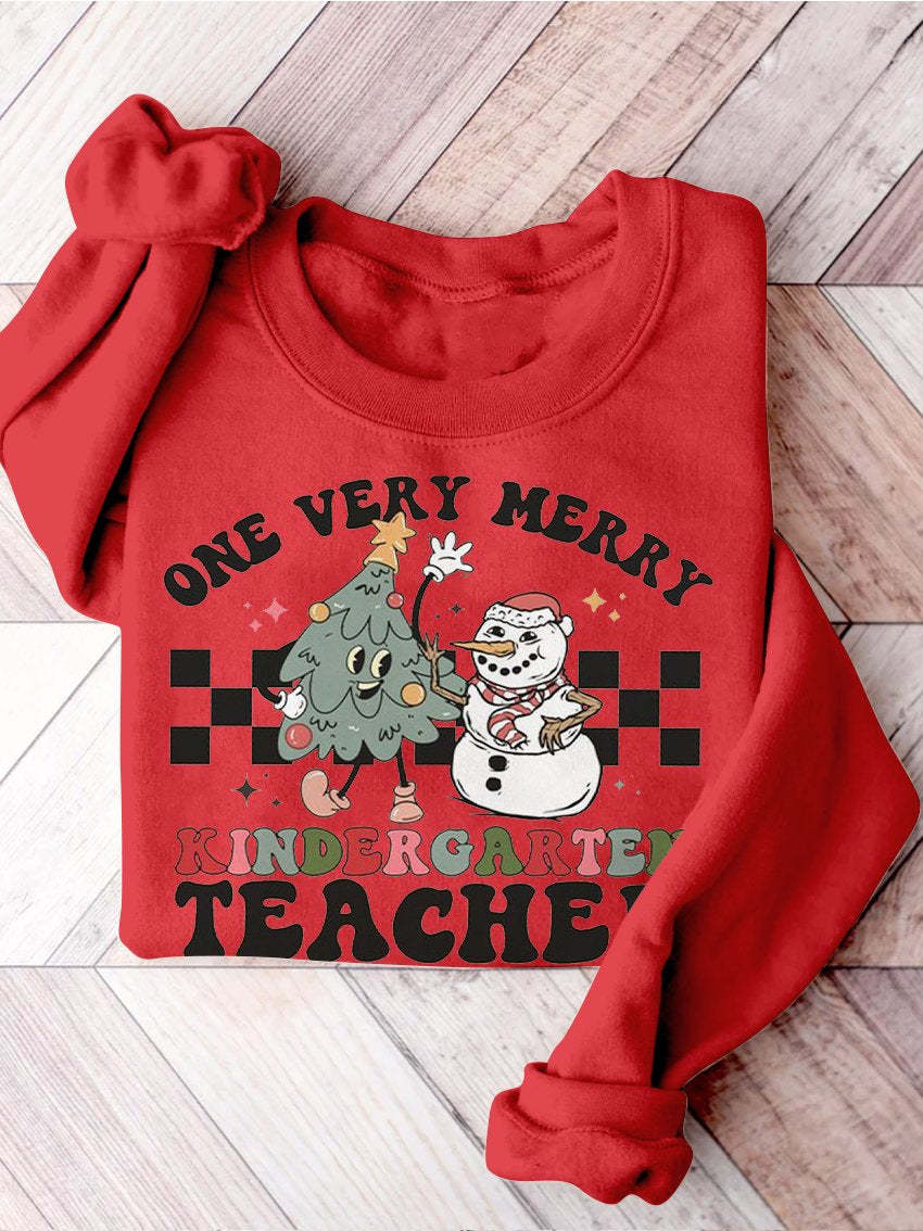 Retro Christmas Kindergarten Teacher Very Merry Teacher Christmas Kindergarten Teaching Print Casual Sweatshirt-carlalin