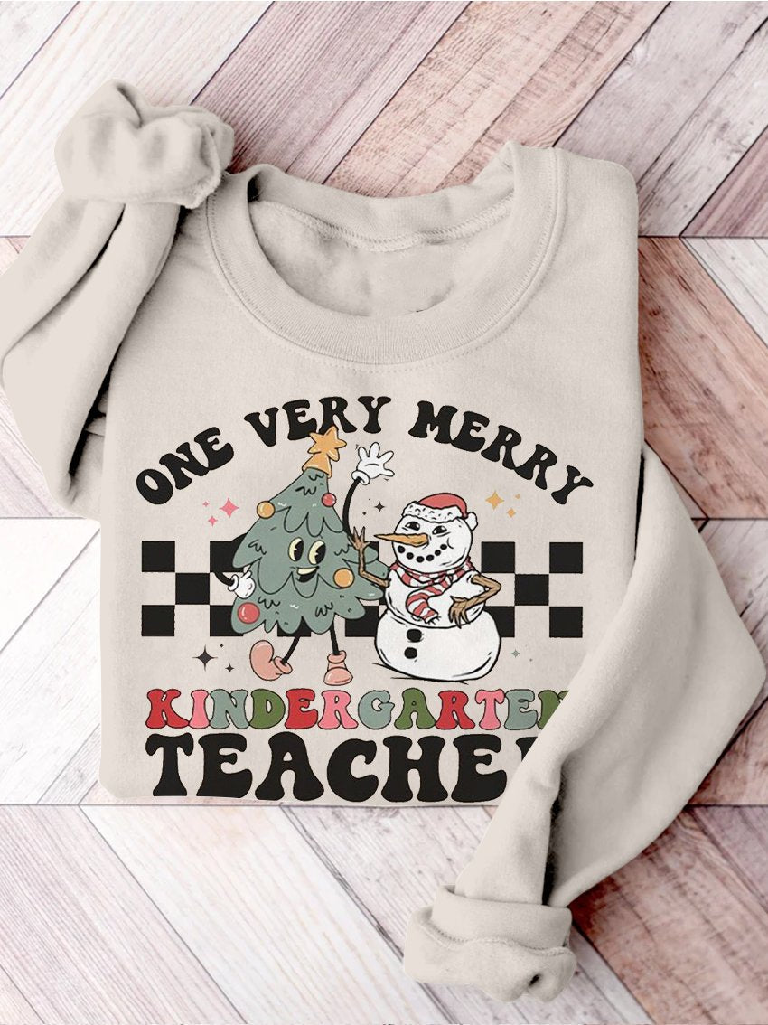 Retro Christmas Kindergarten Teacher Very Merry Teacher Christmas Kindergarten Teaching Print Casual Sweatshirt-carlalin