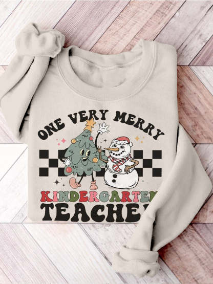 Retro Christmas Kindergarten Teacher Very Merry Teacher Christmas Kindergarten Teaching Print Casual Sweatshirt-carlalin