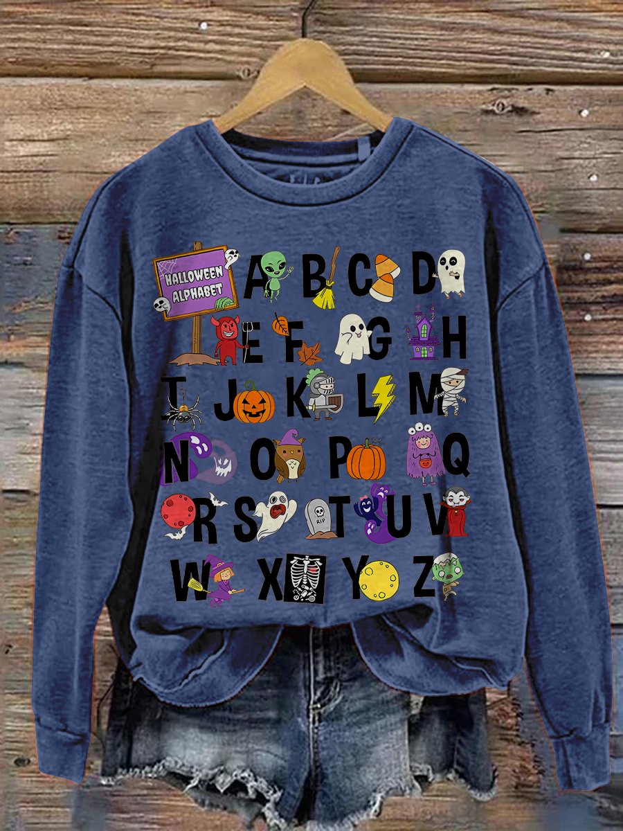 Halloween Teacher Alphabets Abcs Spooky Teacher Kindergarten Teacher Teacher Appreciation Autumn Teacher Casual Print Sweatshirt-carlalin