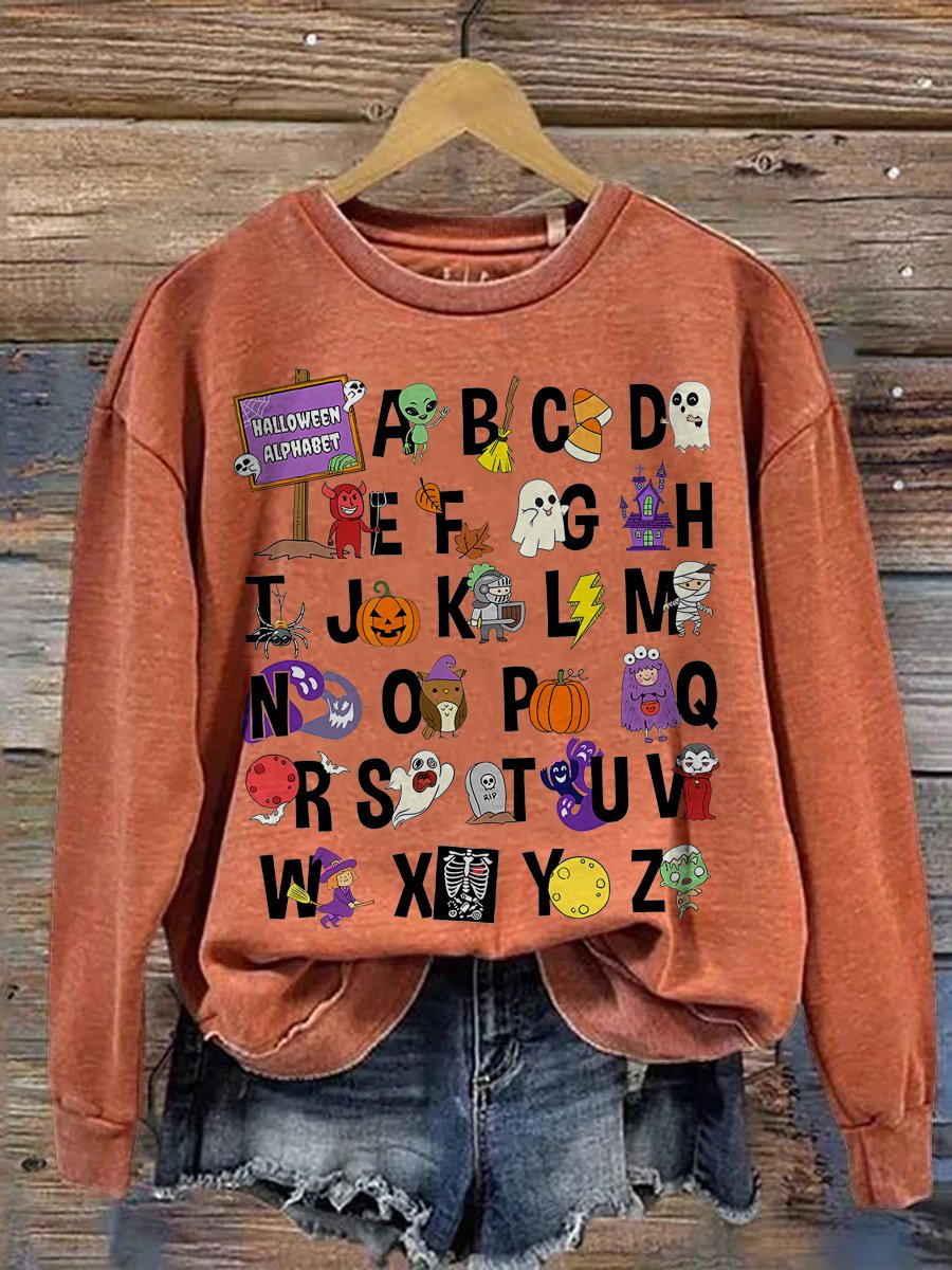 Halloween Teacher Alphabets Abcs Spooky Teacher Kindergarten Teacher Teacher Appreciation Autumn Teacher Casual Print Sweatshirt-carlalin