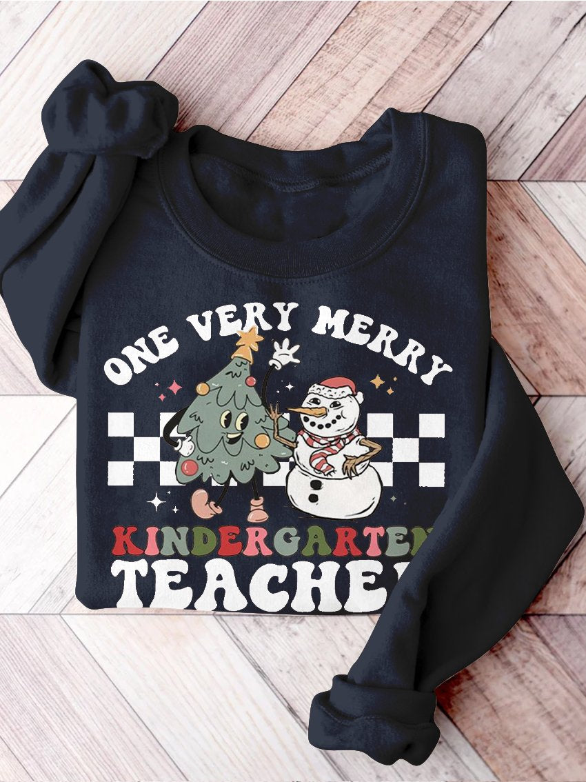 Retro Christmas Kindergarten Teacher Very Merry Teacher Christmas Kindergarten Teaching Print Casual Sweatshirt-carlalin