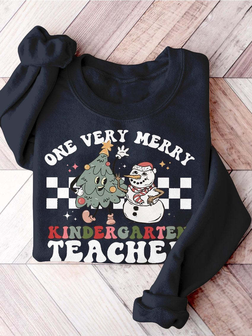Retro Christmas Kindergarten Teacher Very Merry Teacher Christmas Kindergarten Teaching Print Casual Sweatshirt-carlalin