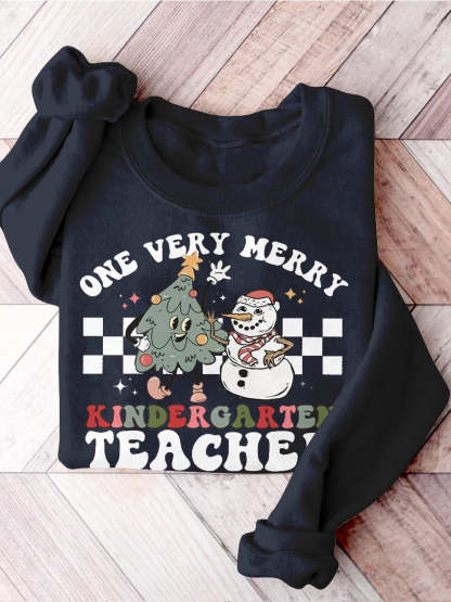 Retro Christmas Kindergarten Teacher Very Merry Teacher Christmas Kindergarten Teaching Print Casual Sweatshirt-carlalin