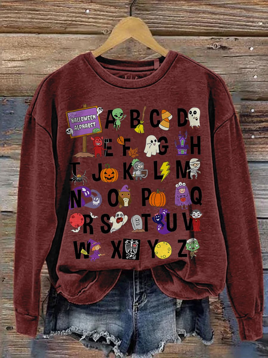 Halloween Teacher Alphabets Abcs Spooky Teacher Kindergarten Teacher Teacher Appreciation Autumn Teacher Casual Print Sweatshirt-carlalin