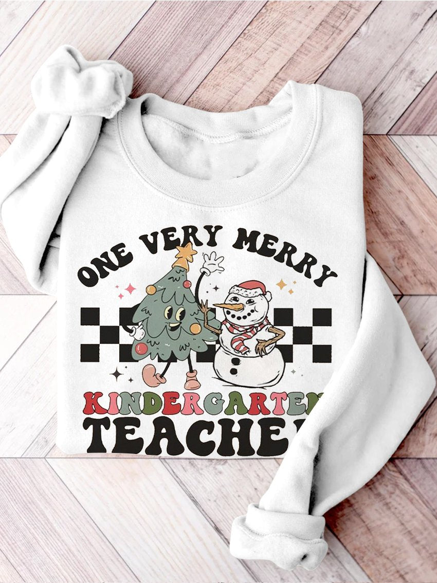 Retro Christmas Kindergarten Teacher Very Merry Teacher Christmas Kindergarten Teaching Print Casual Sweatshirt-carlalin