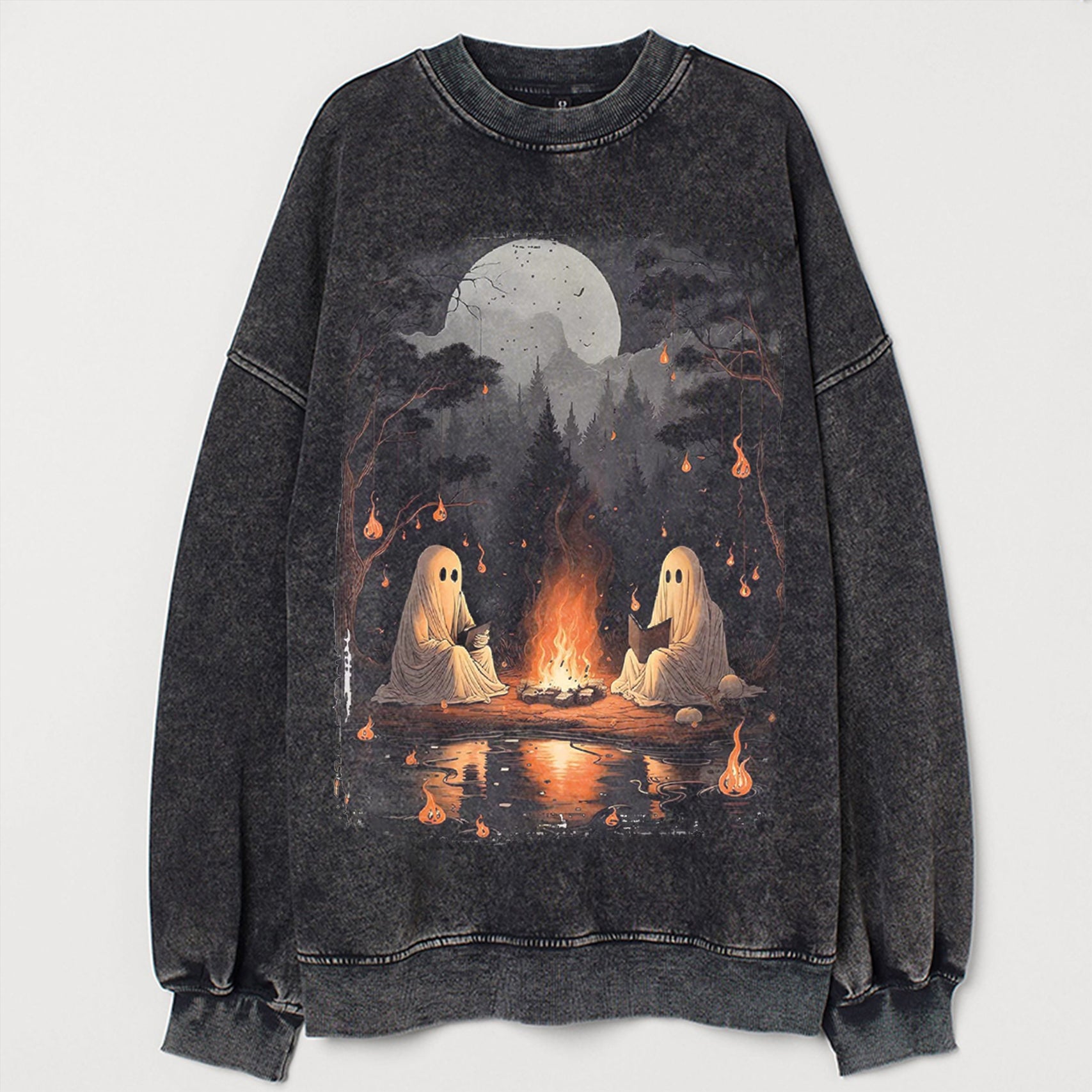 Comfort Colors Camping Halloween Ghost Reading Book Sweatshirt-carlalin
