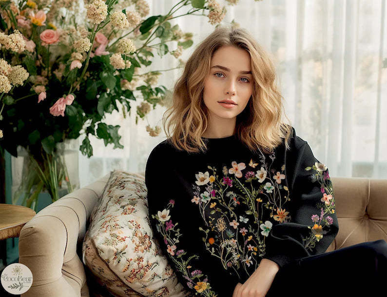Vintage Pressed Flowers Boho Cottagecore Crewneck Sweatshirt-carlalin
