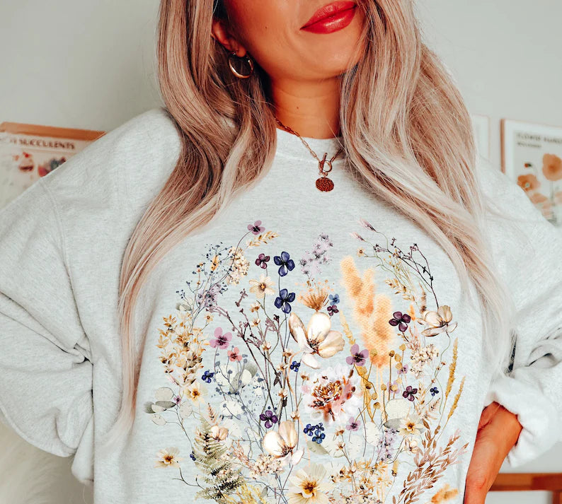 Vintage Pressed Flowers Sweatshirt Botanical Floral Pullover-carlalin