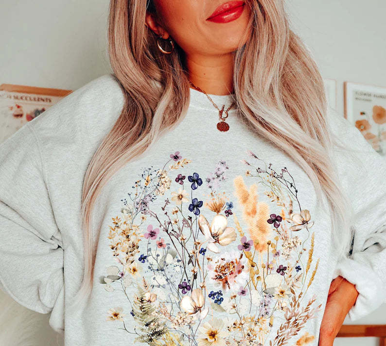 Vintage Pressed Flowers Sweatshirt Botanical Floral Pullover-carlalin
