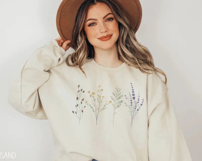 Dried WildFlower Minimalistic Botanical Crewneck Sweatshirt-carlalin
