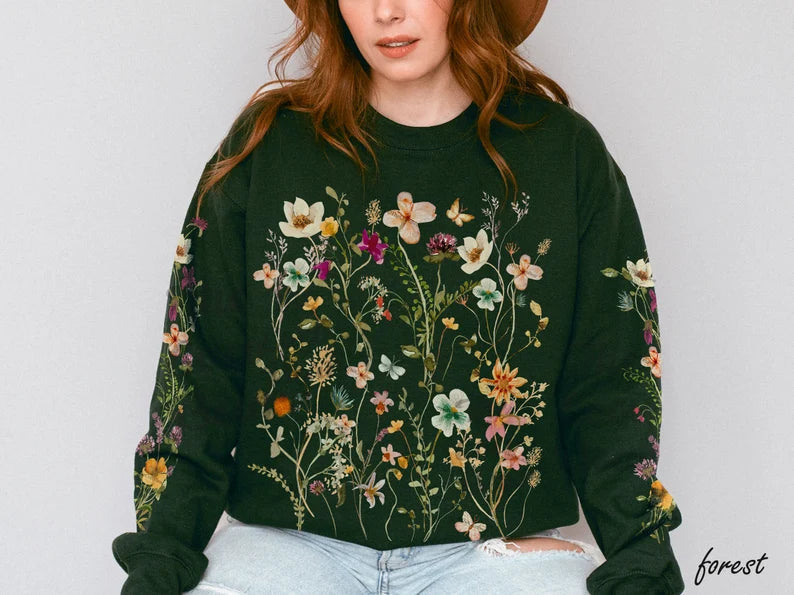Vintage Pressed Flowers Boho Cottagecore Crewneck Sweatshirt-carlalin