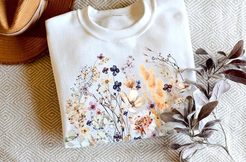 Vintage Pressed Flowers Sweatshirt Botanical Floral Pullover-carlalin