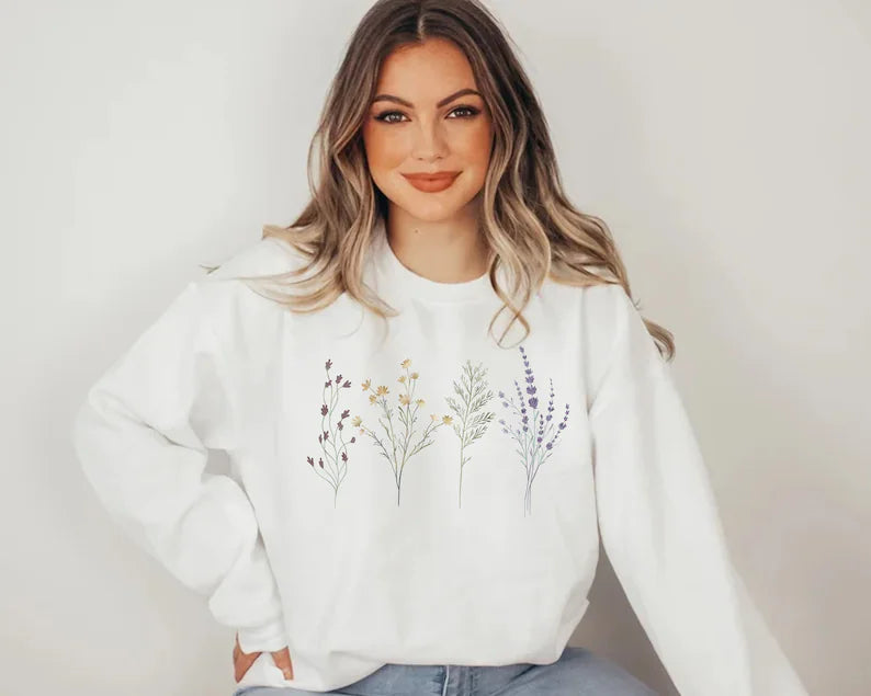 Dried WildFlower Minimalistic Botanical Crewneck Sweatshirt-carlalin