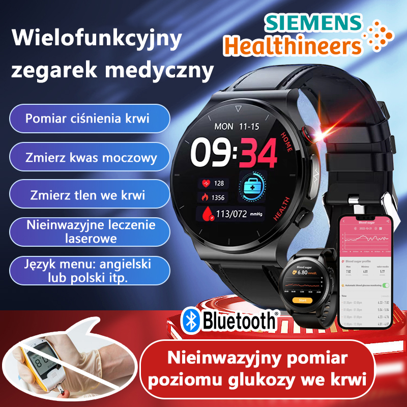 🔥 Ogromne obniżki cen na najgorętsze produkty 🔥Zegarek do pomiaru poziomu glukozy we krwi firmy Siemens może monitorować tętno, ciśnienie krwi i poziom cukru we krwi