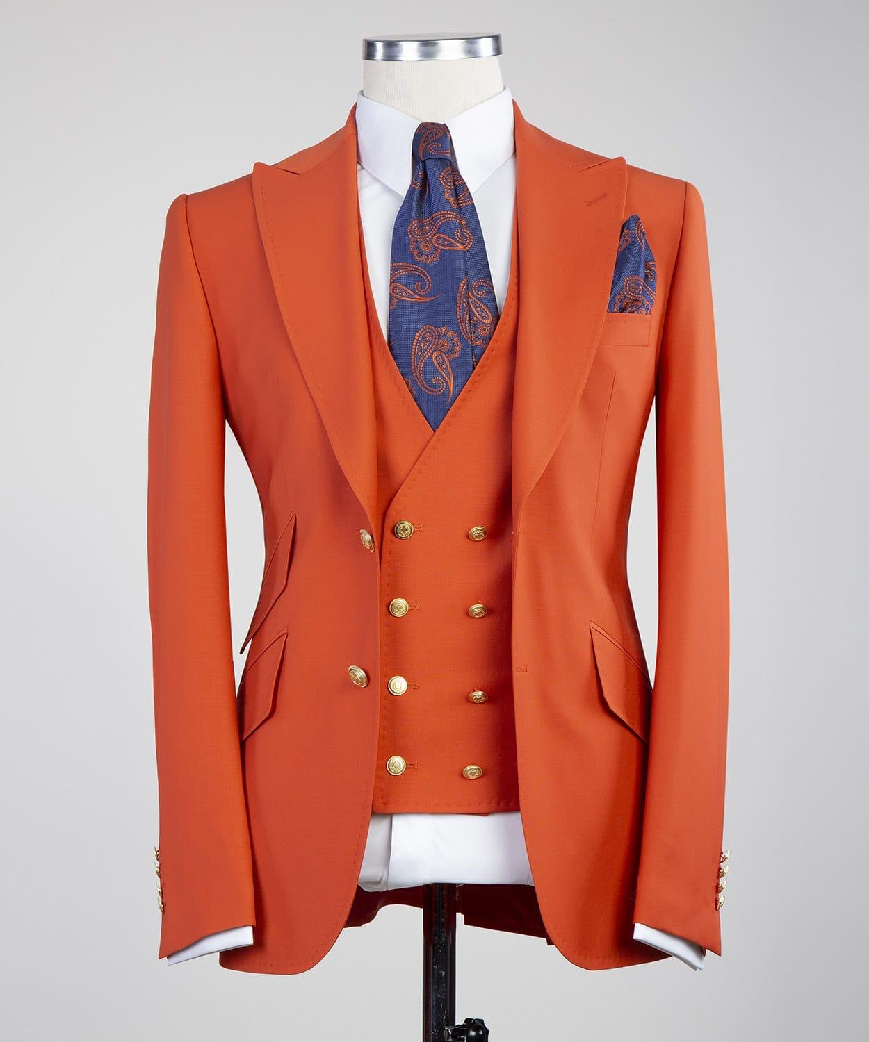 Fashion Orange Peaked Lapel Three Pieces Men Suits