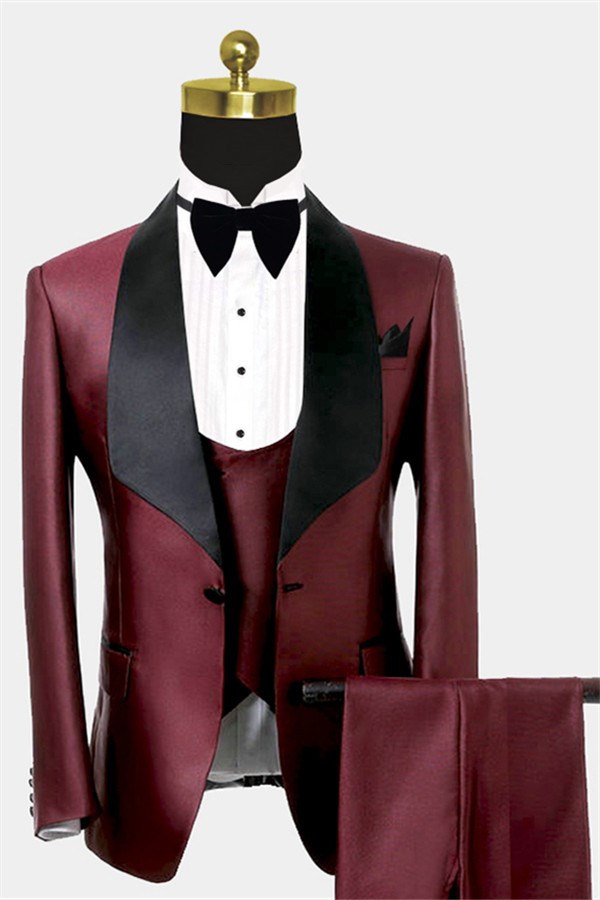 Fashion Burgundy Three-Piece Suit Black Shawl Lapel Tuxedo Online
