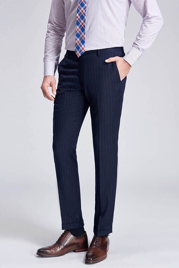 Light Grey Pinstripe Fashion Dark Navy Blue Men Formal Suit Trousers