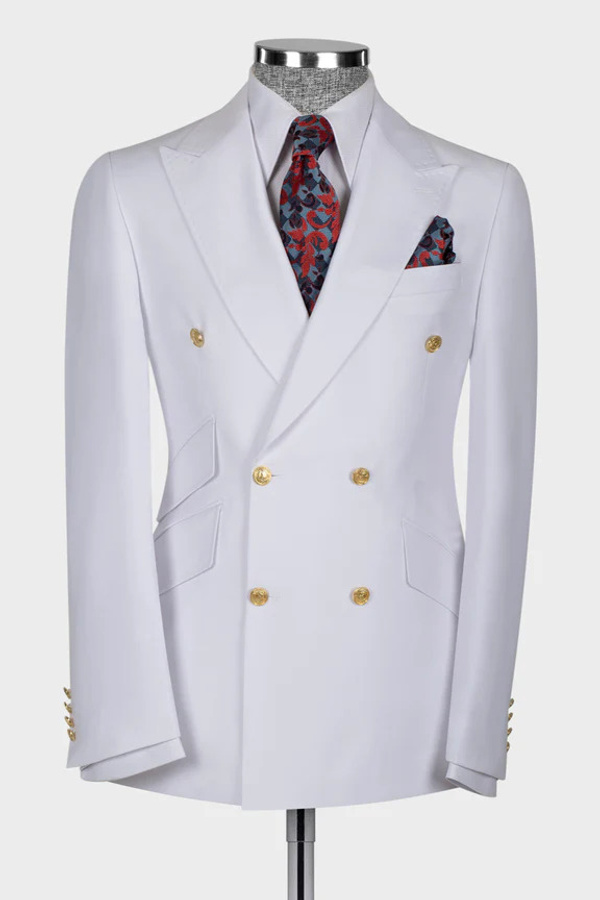 Stylish White Double-Breasted Men's Two-Piece Suit with Three Pockets