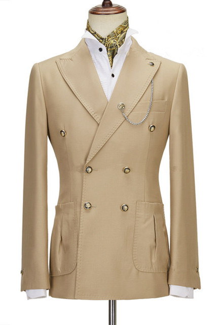 Simple Champagne Peaked Lapel Double Breasted Chic Men Suits Two Suits