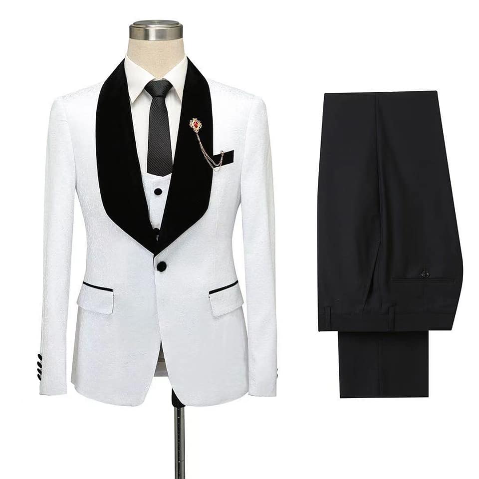 Fernando White Jacquard One-Button Wedding Suit with Black Lapel