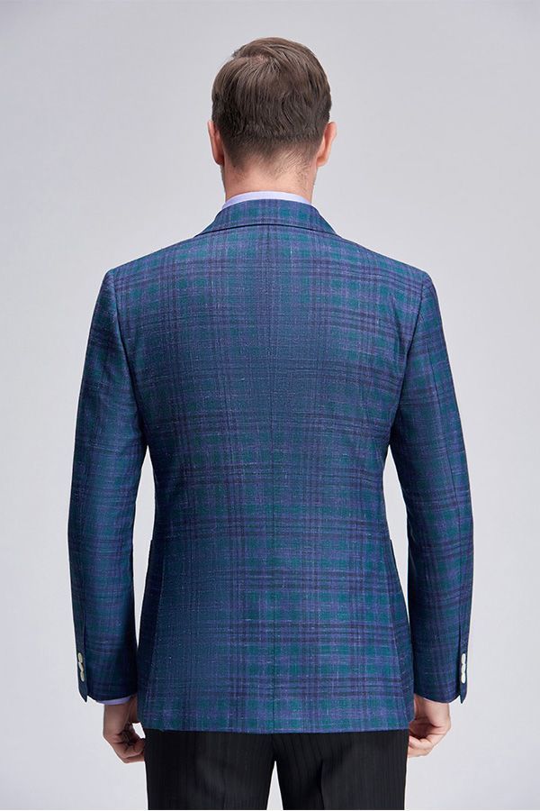 Formal Peak Lapel Check Double Breasted Blue Men Business Blazer