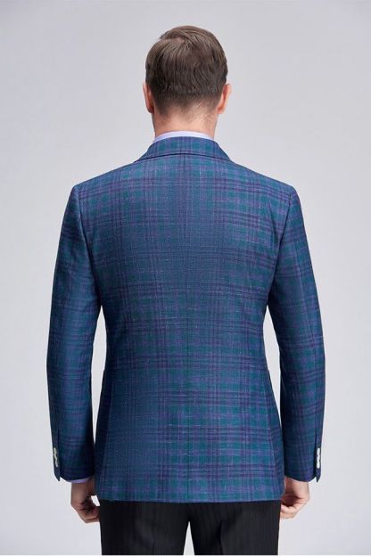 Formal Peak Lapel Check Double Breasted Blue Men Business Blazer