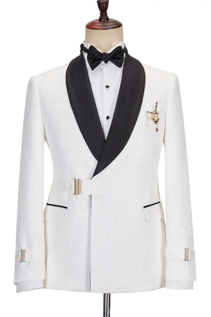 Stylish White Shawl Lapel Jacquard Wedding Suit with Adjustable Belt Buckle