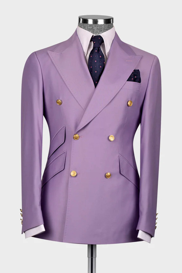 Stylish Purple Double-Breasted Men's Two-Piece Suit with Three Pockets