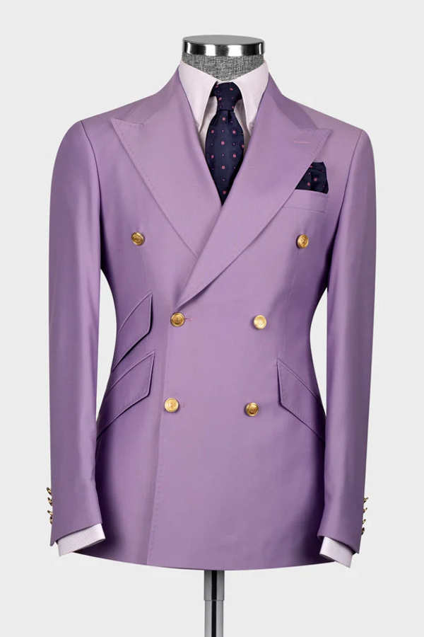 Stylish Purple Double-Breasted Men's Two-Piece Suit with Three Pockets