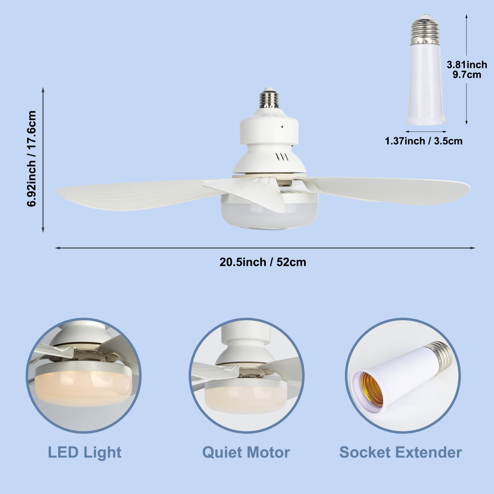 插座风扇灯,20.5 英寸(约 50.9 厘米)灯泡风扇带遥控可调光,螺丝式风扇和灯光组合,适用于车库厨房卧室阳台客厅工具商店洗衣房